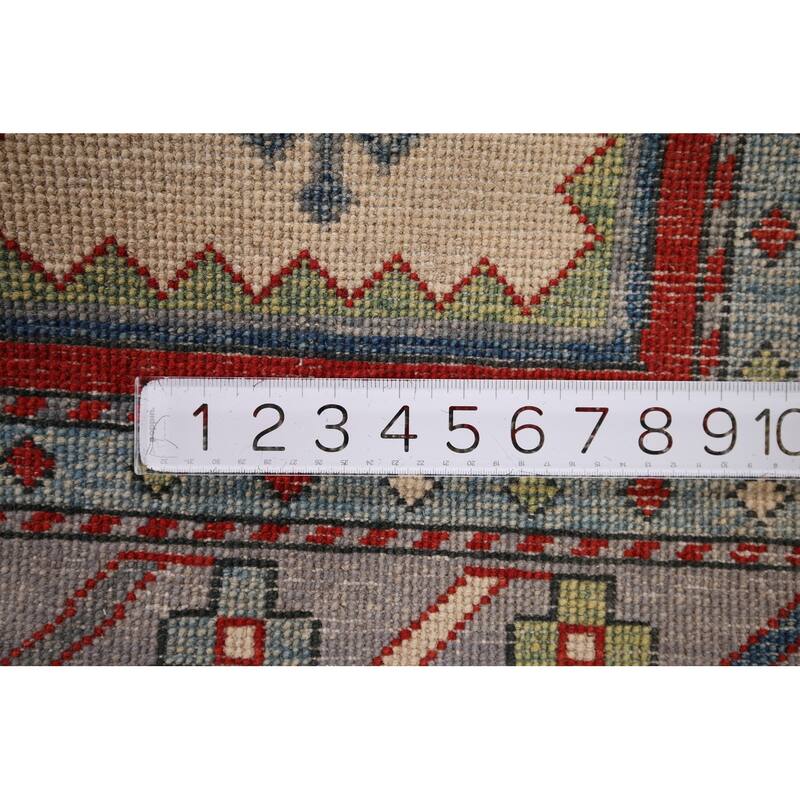 Ivory Geometric Kazak Oriental Foyer Rug Handmade Wool Carpet - 3'3" x 4'11"