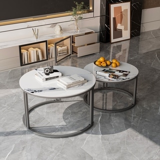 Round Nesting Coffee Table Set of 2 Modern Sintered Stone Desktop Metal ...