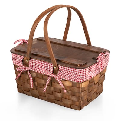 Picnic Time Kansas Handwoven Wood Picnic Basket, (Red & White Gingham Pattern)