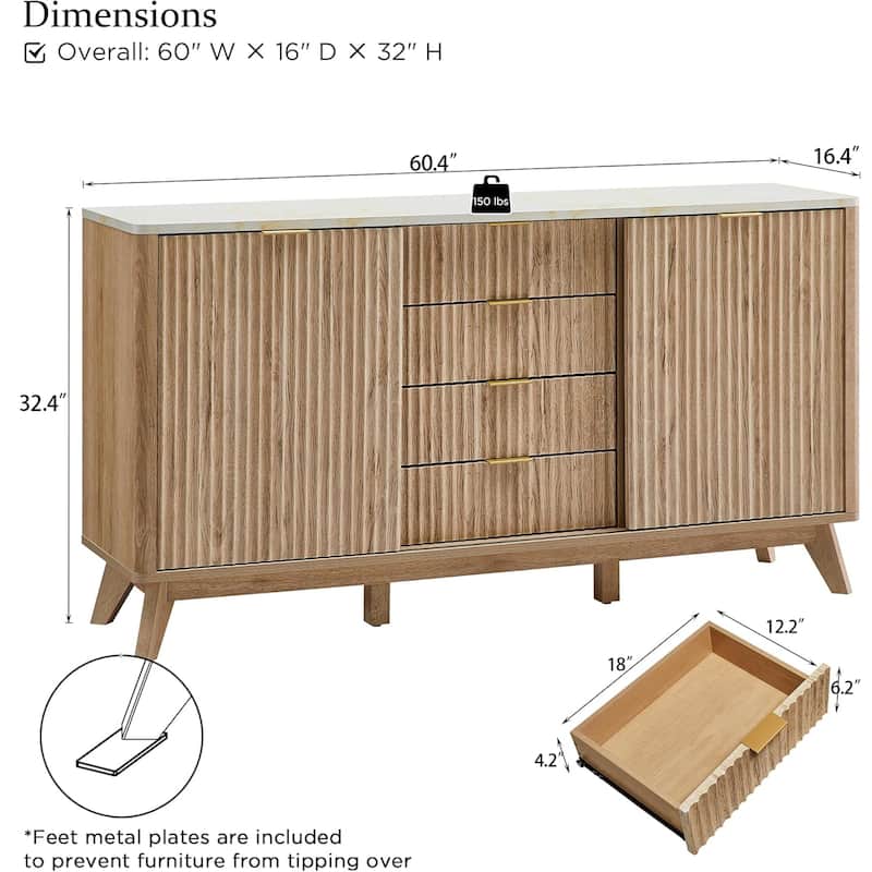 Modern fluted 2 Doors Dresser, 4 Wood Chest of Drawers for Living Room