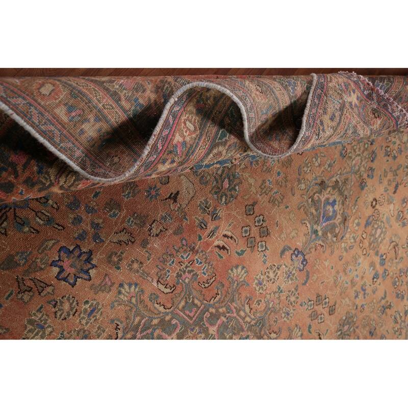 Distressed Mashad Vintage Persian Rug Handmade Wool Carpet - 9'6" x 12'11"