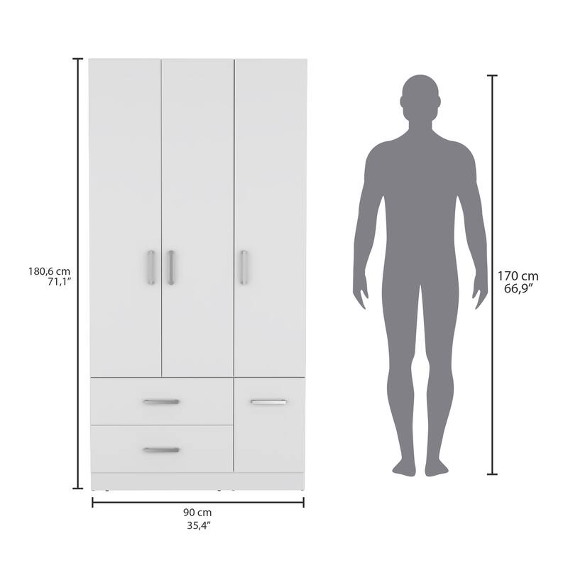 35.4" Modern Four-door Armoire with 2 Drawers, Six Shelves and Hanging Rod