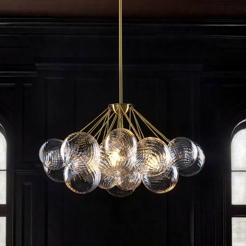 3-Light Contemporary Textured Brass & Bubble Glass Chandelier for Dining Room - 3 Light