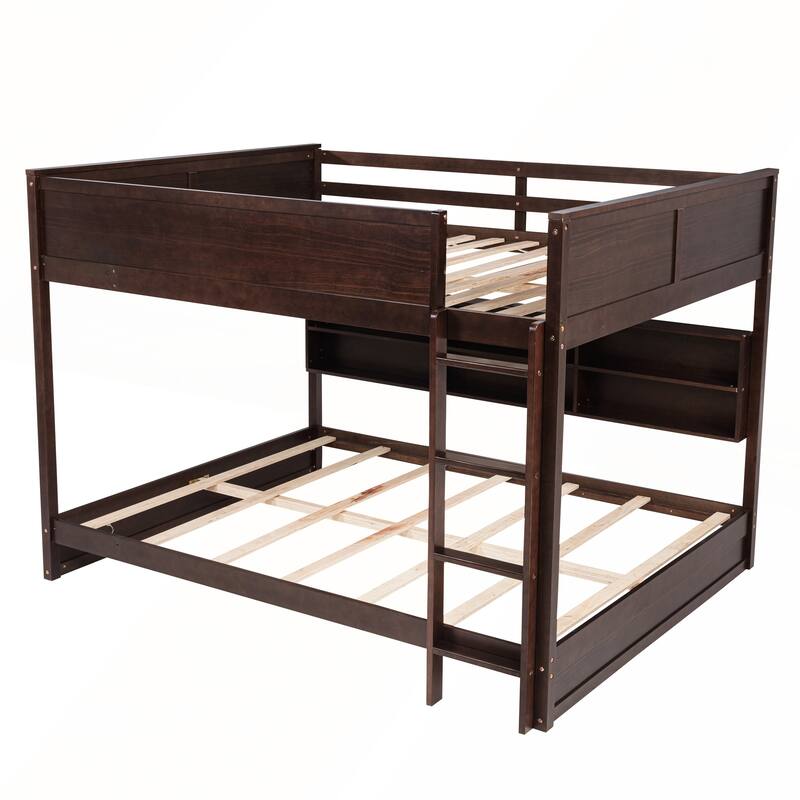 Queen Over Queen Bunk Bed with Built-in Storage Cabinets and Charging Station