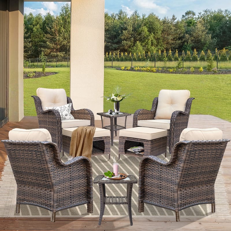 Brown Wicker Outdoor Patio Conversation Seating Sets with Beige Cushions - 8 Piece - Beige
