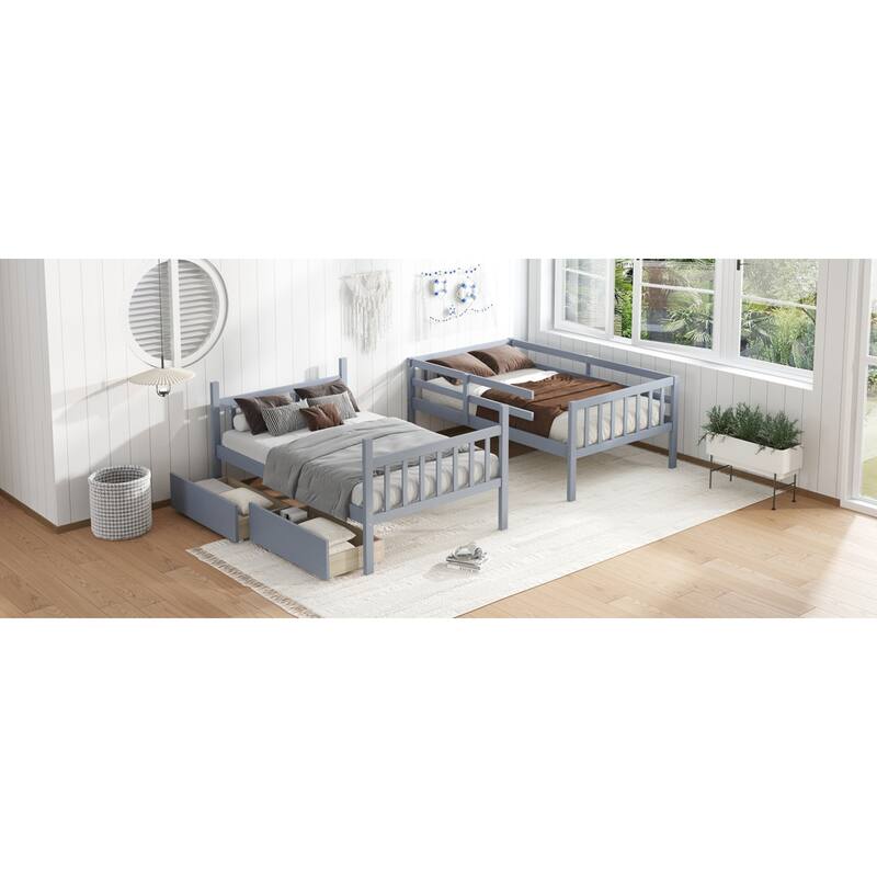 Roomfitters Twin Over Twin Rubber Wood Bunk Bed with Underbed Storage, Convertible to 2 Twin Beds, Ladder & Guardrails