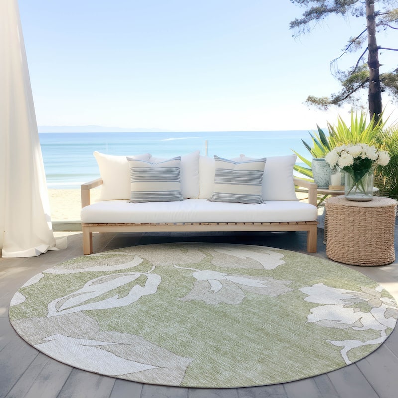 Machine Washable Indoor/ Outdoor Chantille Floral Rug - Aloe - 8' x 8'