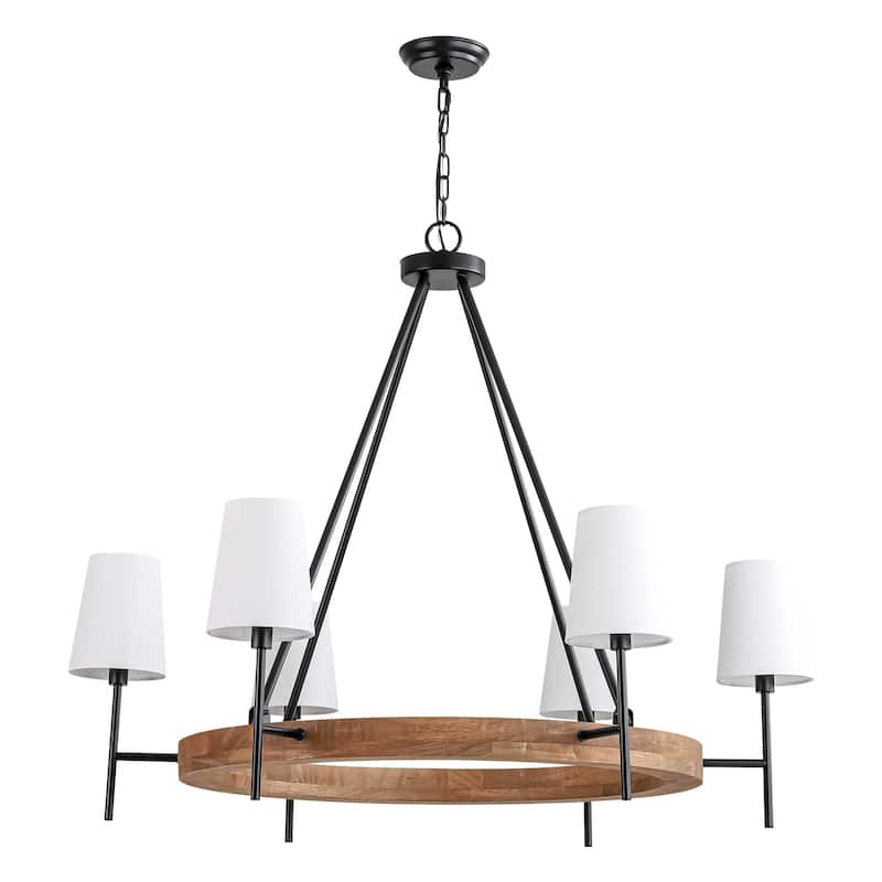 6-Light Vintage Farmhouse Wood Material Black Wagon Wheel Chandelier with Wood Material and Fabric Shade