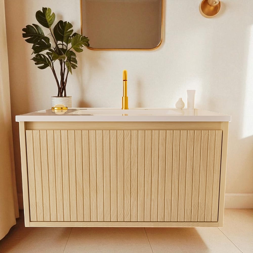 30 Inch Wall Mounted Bathroom Vanity with Ceramic Sink, Floating Cabinet with Drawers, Modern Fluted Design