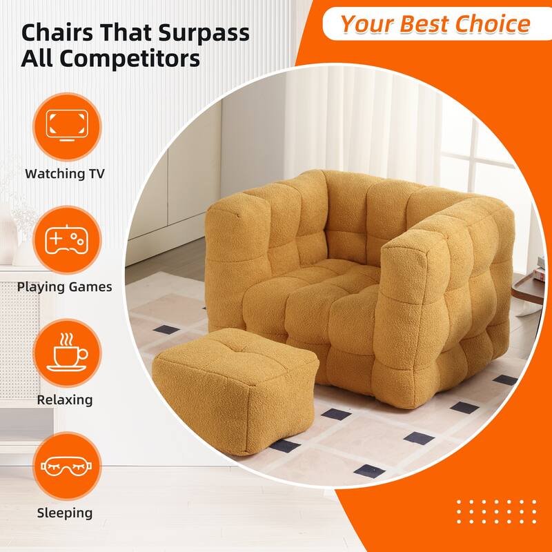 Boucle Upholstered Tufted Modern Non-installation Bean Bag Sofa Chair with Ottoman for Living Room