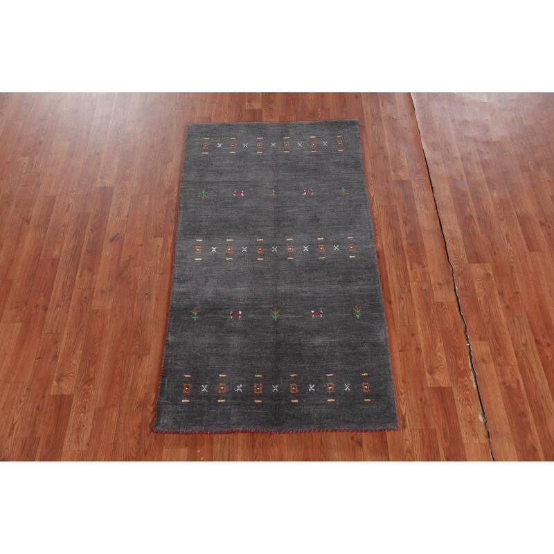 Hand Knotted Oriental 100% Wool Carpet Tribal Tribal Greys & Charcoal Gabbeh Area Rug - 5' 1'' X 2' 9''