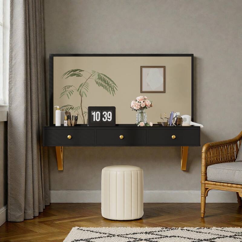 47'' Floating Vanity Shelf with Drawer, Wall-Mounted Makeup Desk, Space-Saving Floating Table for Bedroom & Bathroom - Black