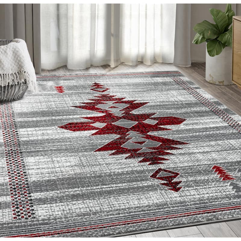 Abani Porto PRT110E Southwestern Tribal Print Grey and Red Area Rug - 5'3" x 7'6" - Grey