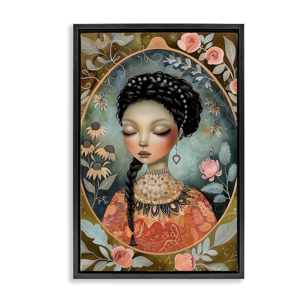 Stupell Floral Edged Portrait of Woman Framed Floater Canvas Wall Art Design By The Dutch Lady