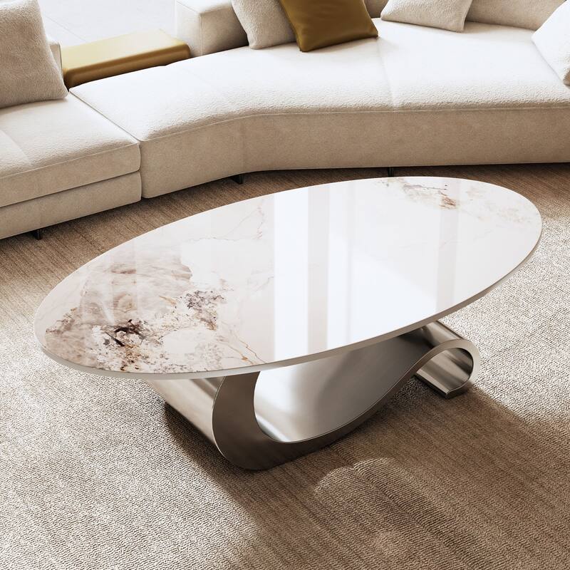 GDFStudio - Contemporary 49.2" Oval Sintered Stone Coffee Table with S-Shaped Stainless Steel Base & Novel-Pattern Top