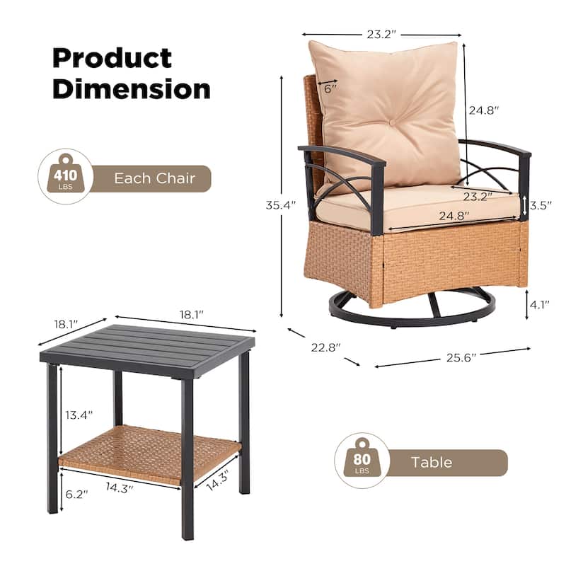 3-Piece Outdoor Rocking/Swivel Chair Set - PE Rattan Patio Furniture with Cushions & Coffee Table, Rocker Chairs for Backyard