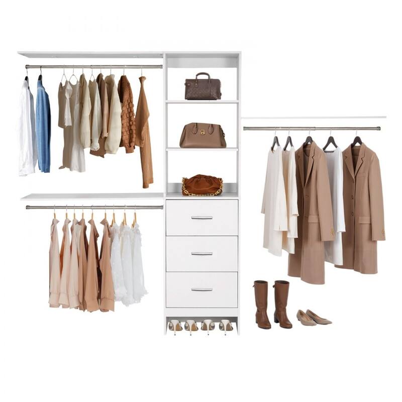 White Wooden 3 Drawers Closet Organizer with 12 Compartments Adjustable Rods for Large Storage - 95.7” x 16” x 75”