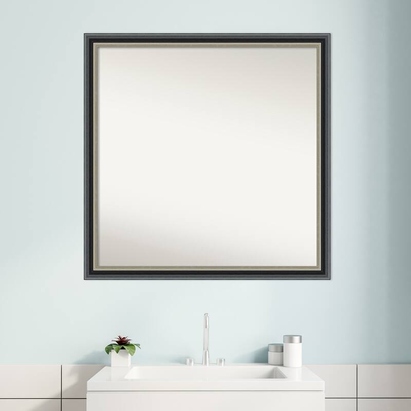 Theo Black Silver Non-Beveled Wood Framed Bathroom Vanity Wall Mirror - Theo Black Silver