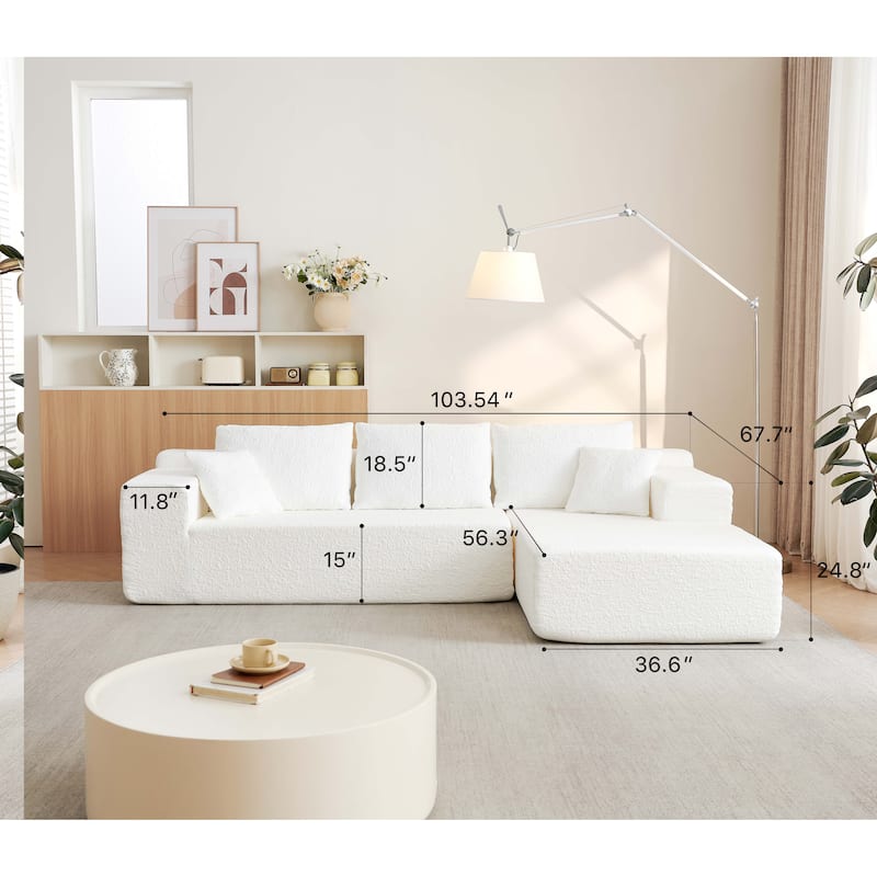 Modular Sectional Sofa with L-Shape Chaise, Chenille Upholstered Cloud Sofa, Corner Deep Seat Sofa with 5 Throw Pillows - White