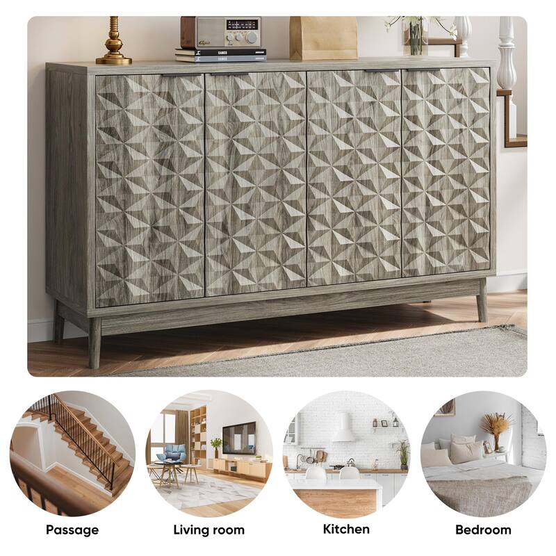 Modern Buffet Cabinet with 4 Diamond-shaped Relief Doors and Movable Laminates
