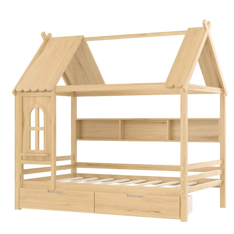 Charming House Bed for Girls, Boys Low Platform Bed Frame with Under-bed Drawers, Storage Shelves, Window and Roof