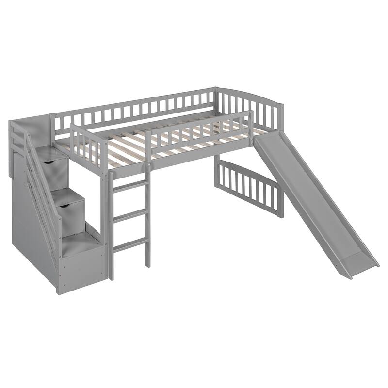 All-in-one Loft Bed Built-in Ladder Wood Frame Loft Bed with Slide, 2 Drawers, Storage Stairs & Underbed Activity Space for Kids