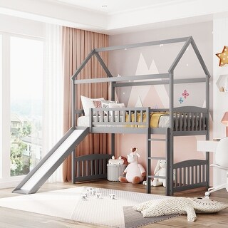 Twin Size Loft Bed with Slide, House-shaped Bed with Ladder, Pine Wooden Bed with Guardrails for Bedroom, Grey