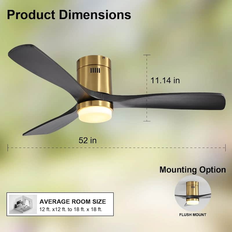 52" Low Profile Ceiling Fan with Remote,Wood Blades,Integrated LED,3 Light options,Gold with Black - Medium SIze/52 Inch