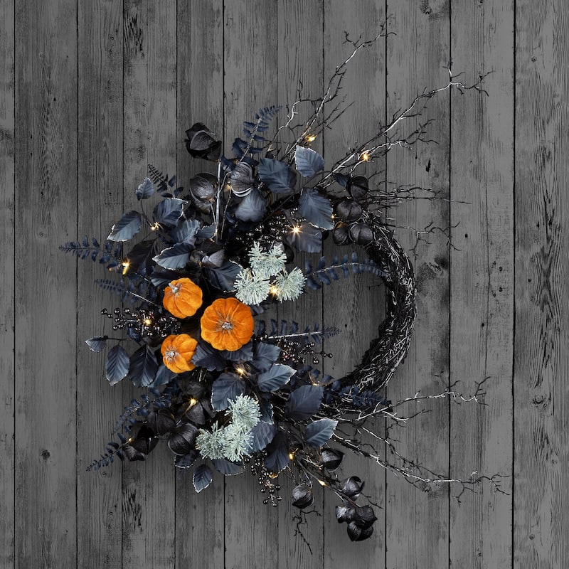 National Tree Company 20" Artificial Halloween Half Wreath with Pumpkins, 30 Warm White LED Lights, Battery Operated - 20 in