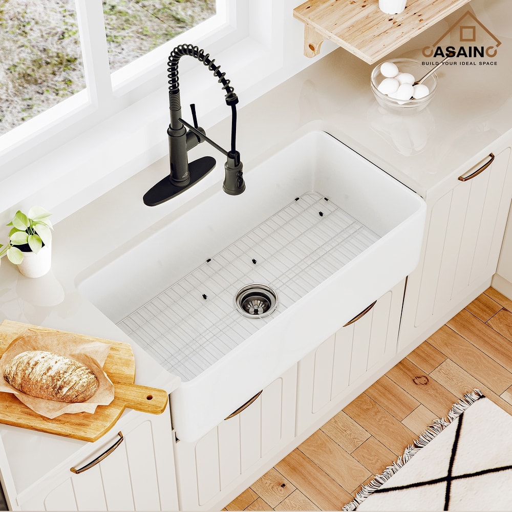 CASAINC Farmhouse/Apron-Front Single Bowl Fireclay Kitchen Sink with Bottom Grid and Strainer, cUPC Certified