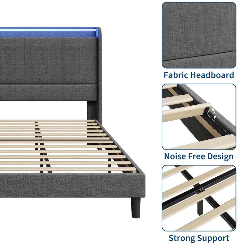 Bed Frame with Charging Station and LED Lights, Modern Platform Bed with Wooden Slats, Upholstered Headboard