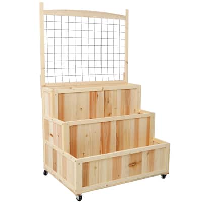Natural 3-Tier Raised Garden Bed with Vertical Trellis Mobile Planter Box for Herbs and Plants - 31.5”L x 24.25”W x 53”H