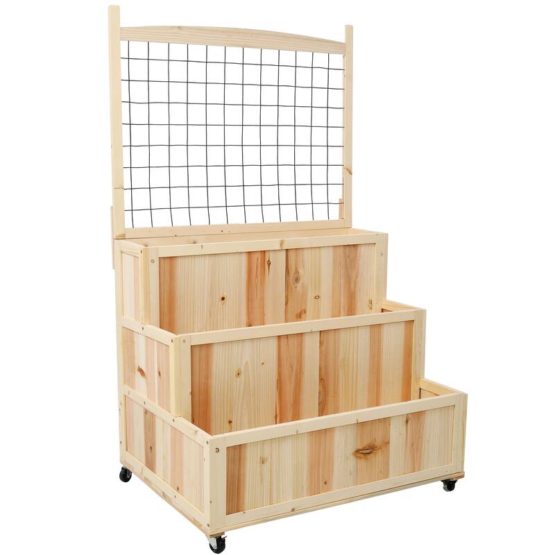 3-Tiers Raised Garden Bed with Trellis, 53" H Vertical Planter Box with Wheels & Back Storage Area - Natural Wood