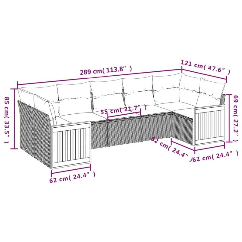 vidaXL Patio Sofa Set with Cushions Outdoor Furniture 7 Piece Poly Rattan - 21.7 x 21.7 x 14.6