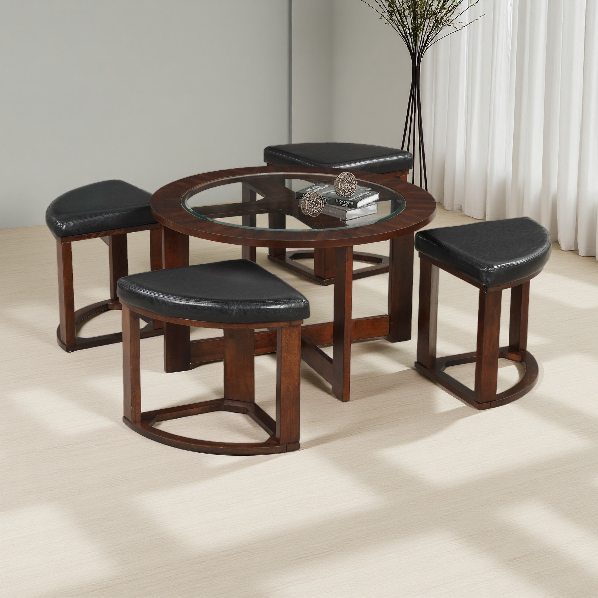 Solid Wood and Glass Contemporary Round Coffee Table Set with 4 Stools and Under-Table Storage for Living Room