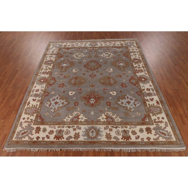 Gray Oushak Indian Area Rug Handmade Geometric Wool Carpet - 8'4"x 9'10"