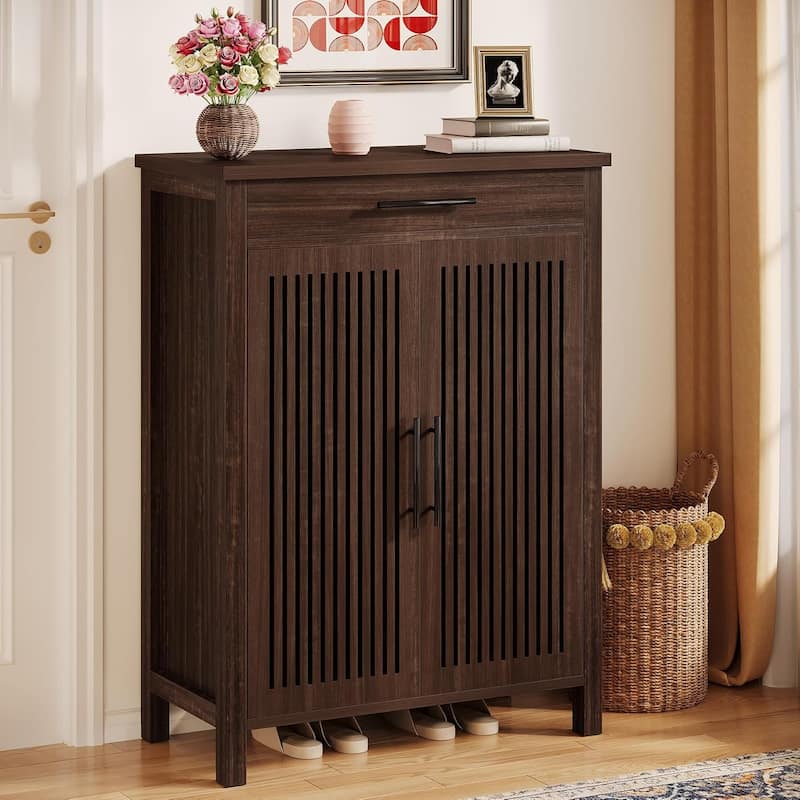 Modern Shoe Storage Cabinet with 5 Removable Shelves and Large Drawer for Entryway Use - 31.5”L x 14.17”W x 42.91”H