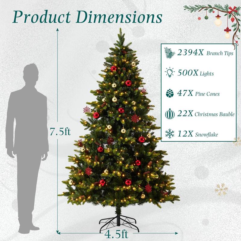 EROMMY 7.5ft Pre-lit Christmas Tree with 500 Lights, Snow Flocked Artificial Tree with Cones and Ornaments