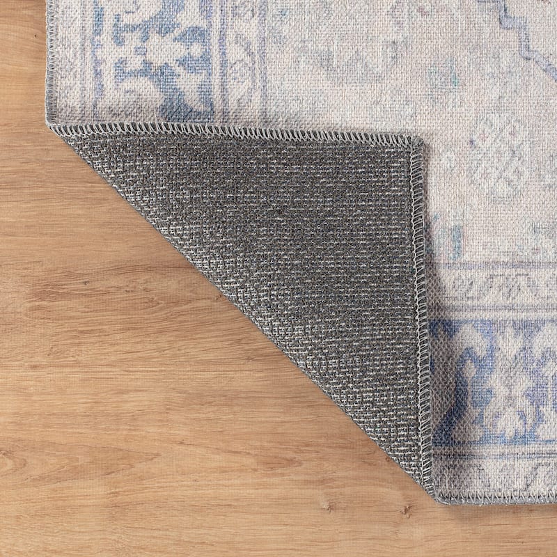 Beige Medallion Flat Pile Washable Rug - Pet Friendly, Non-Slip for Entryway and Bedroom