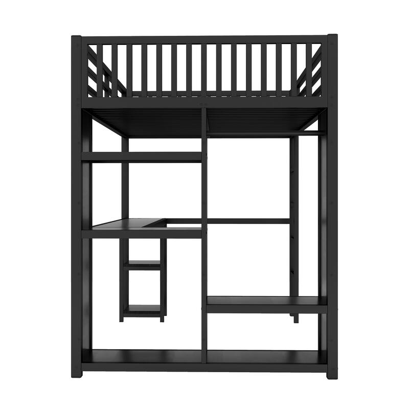 Queen/Twin XL/Full Loft Bed Metal Frame with Built-in Wardrobe,Desk, Storage Shelves, with Safe Guardrails and Easy Assembly