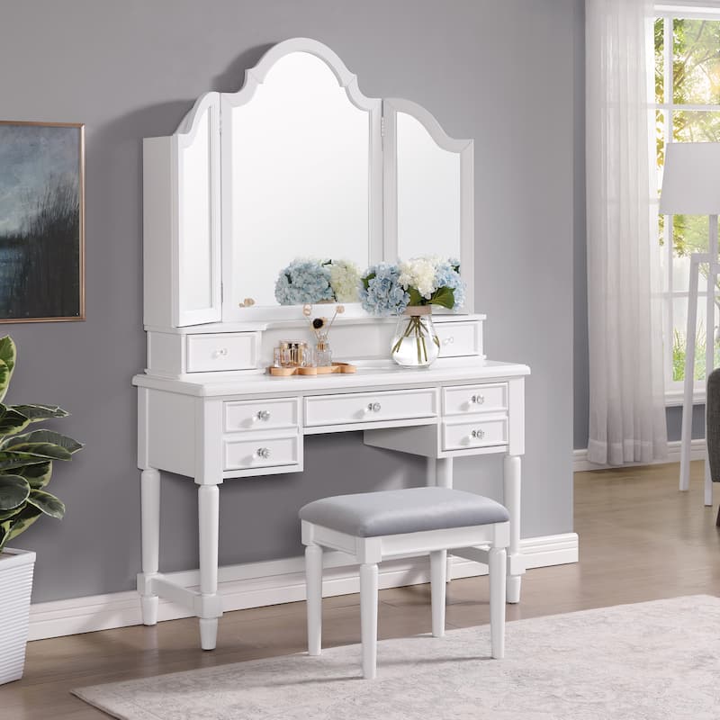 Furniture of America Izabel White Traditional 5-Drawer 3-Piece Makeup Vanity Set with Tri-fold Mirror - White