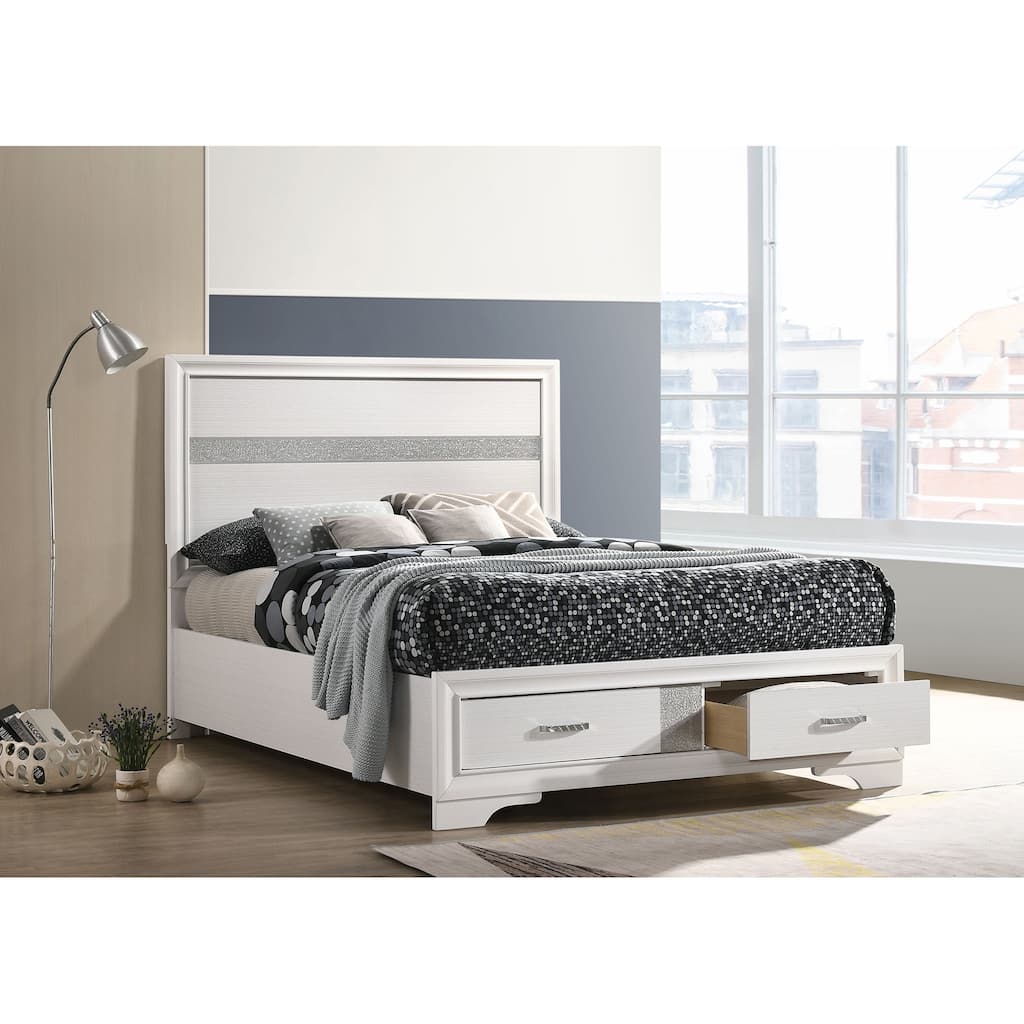 White Full Storage Panel Bed with Built-in Drawers and Sturdy Headboard