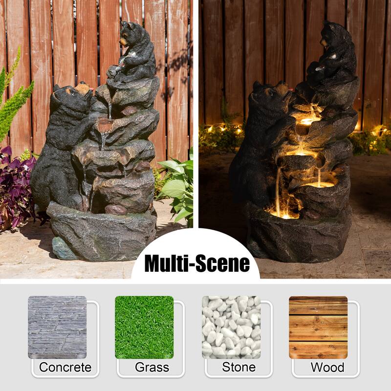 Glitzhome 30.5"H 4-Tiered LED Lighted Mom & Baby Bear Polyresin Outdoor Floor Fountain