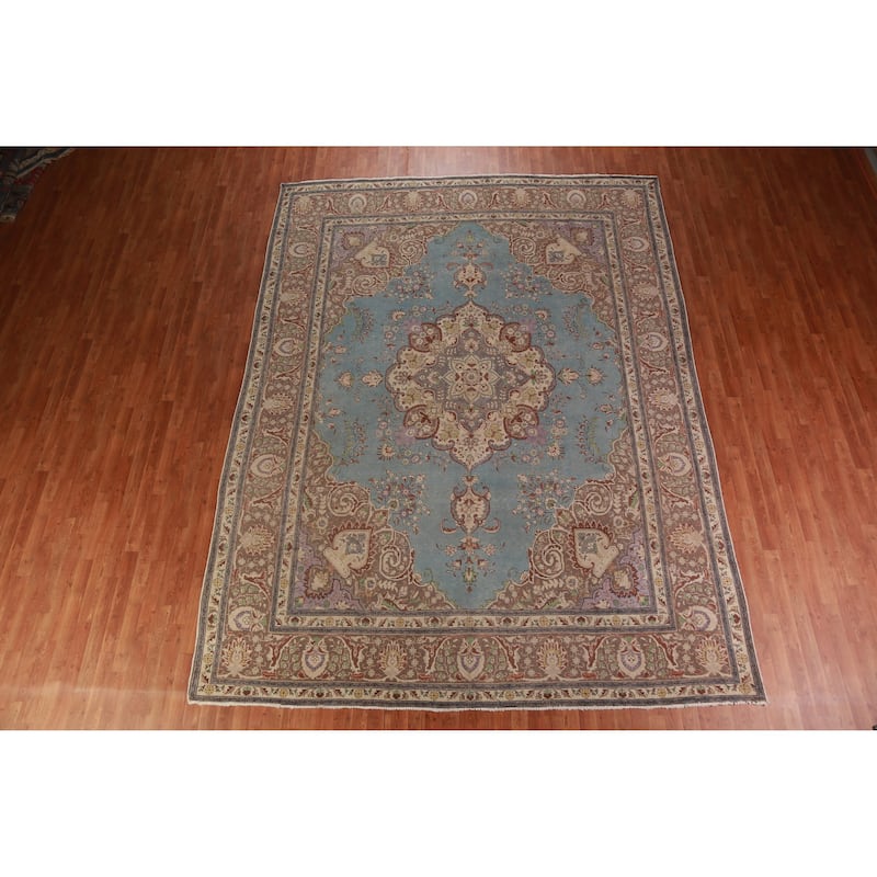 Blue Tabriz Persian Vintage Area Rug Handmade Wool Carpet - 9'6" x 12'8"