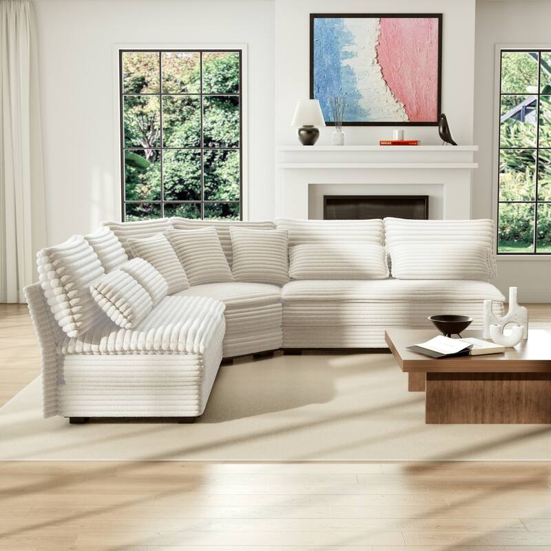 5-Seater L-Shaped Sectional Sofa with Curved Corner - Plush Corduroy Fabric, 7 Pillows (3 Throw + 4 Lumbar)