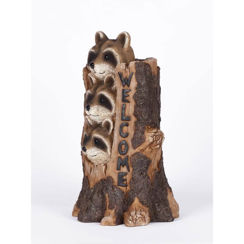 17" Brown Black Three Raccoons a Tree Trunk Welcome Sign Garden Statue