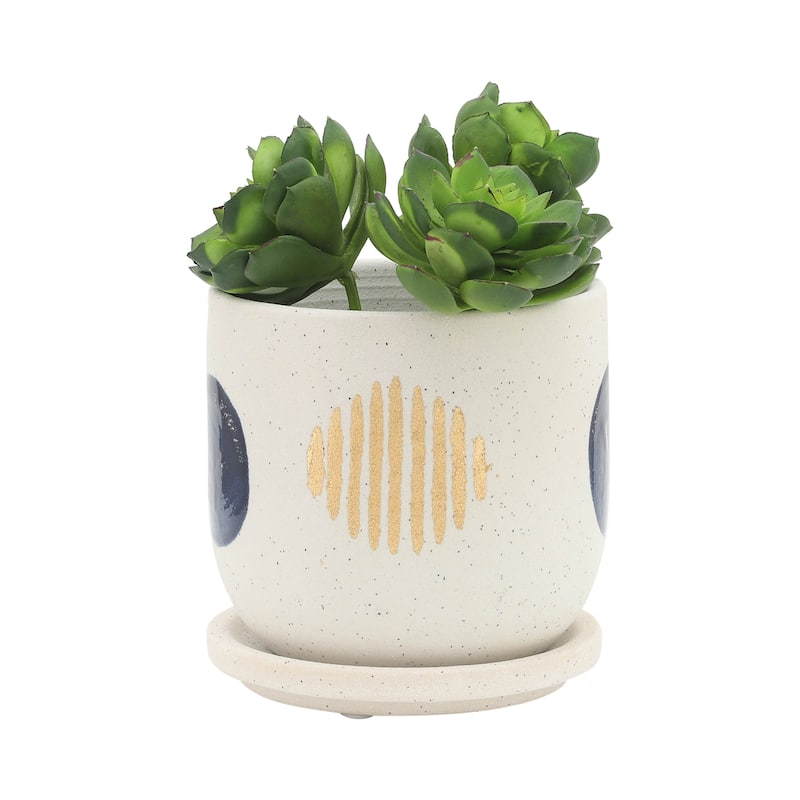 Set of 2 Ceramic Planters 5" & 6" White Planters on Saucers Contemporary Funky Circle Design For Indoor or Outdoor