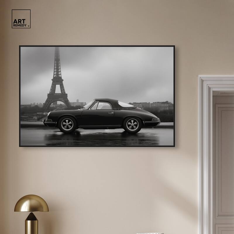 Classic Car and Eiffel Noir Canvas by Art Remedy