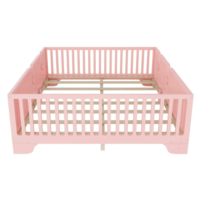 Kids Floor Bed with Safety Fence and Removable Door for Boys Girls