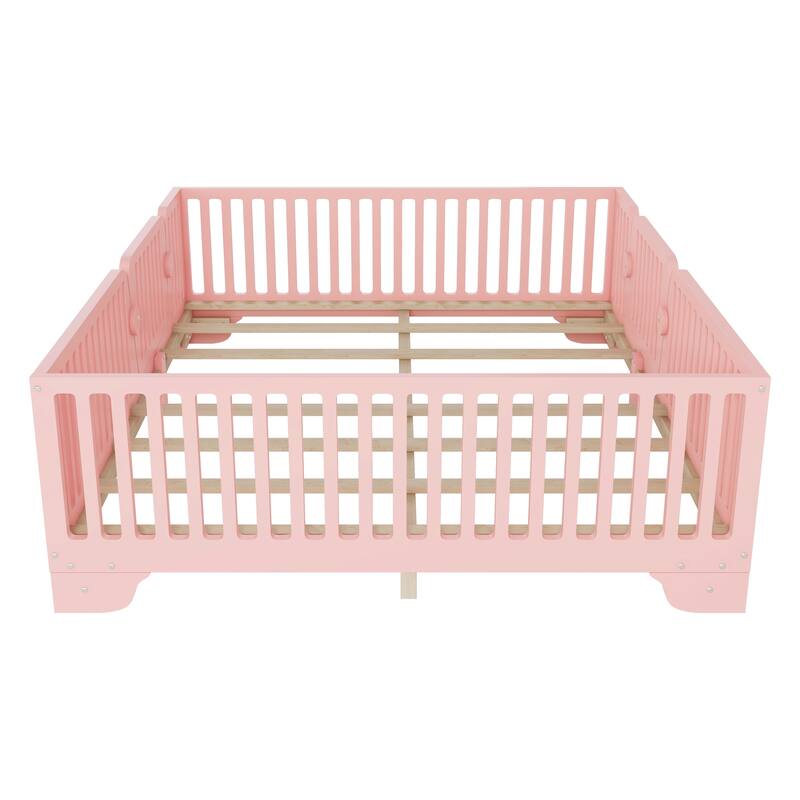 Montessori Floor Bed with Detachable Door, No Box Spring Needed, Kids Platform Bed with Slats and Fence